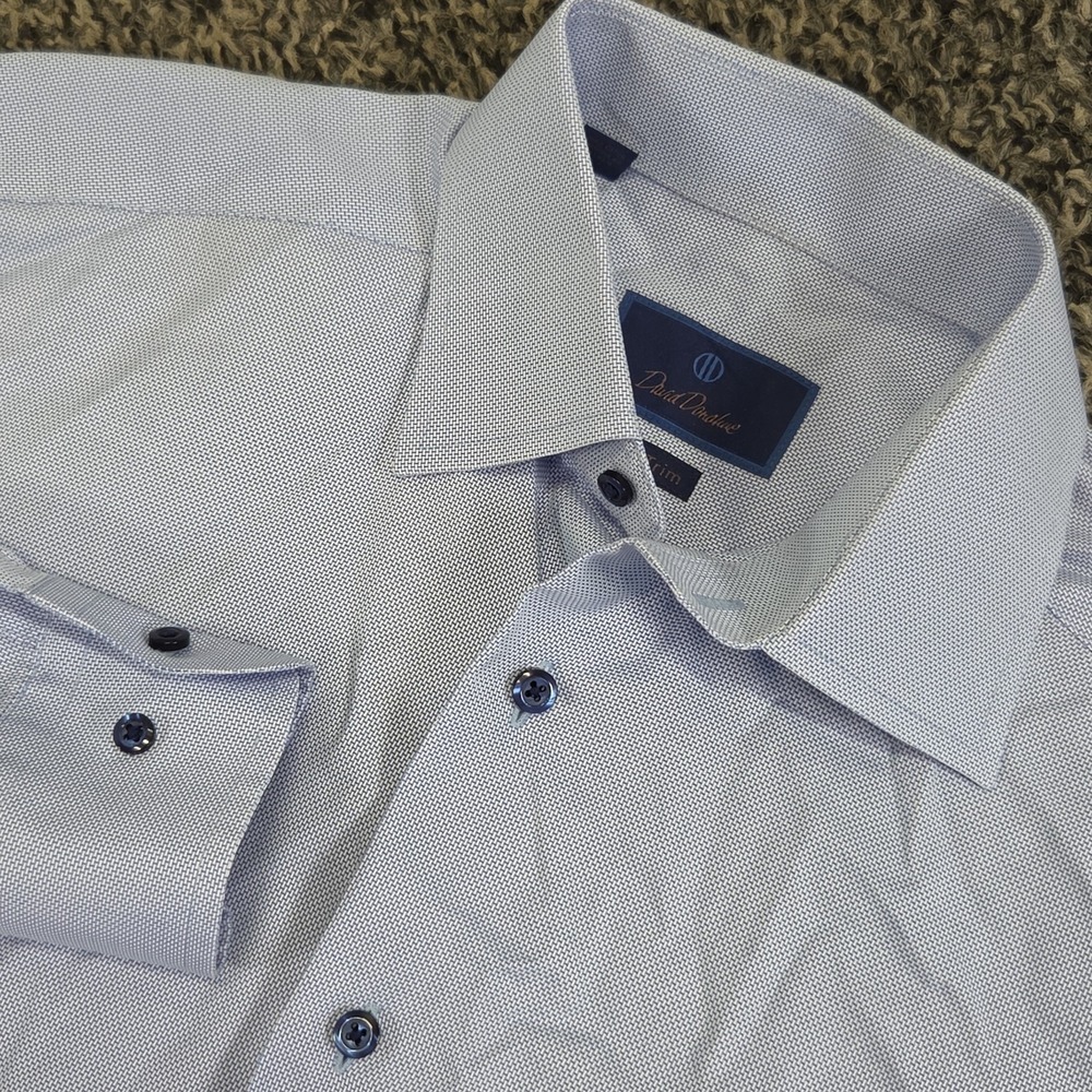 David Donahue Dress Shirt 15 32/33 Trim Blue Textured Cotton Long Sleeve
